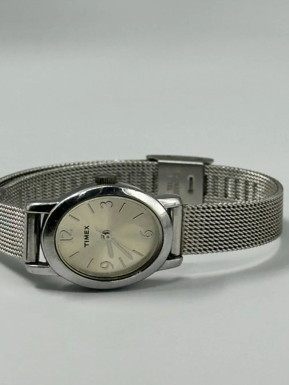 3/$30 Timex Watch Women Silver Tone Oval Dial 18MM Mesh Band New Battery
